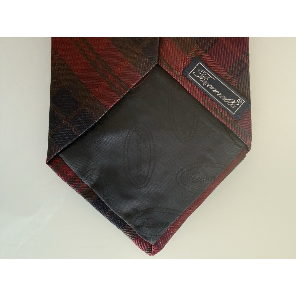 FACONNABLE 100% Silk Tie Hand Made ITALY Designer Burgundy Plaid - Picture 4 of 7